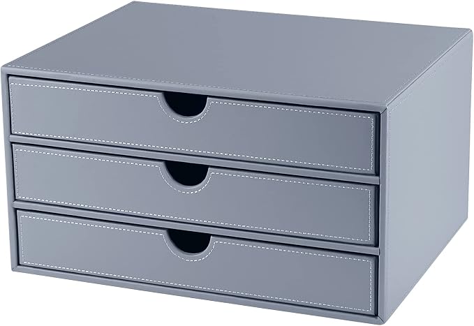 Leather Desk Organizer with 3 Drawers/Tray, Executive Office Supplies Desktop Filing A4 File Cabinet/Holder, Stackable Storage Box Grey (Gray)