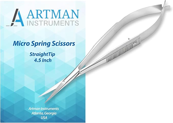 ARTMAN Micro Scissors 4.5” Straight Castroviejo – Premium Stainless Steel Spring Action Squeeze Scissors for Stitch Cutting, Sewing, Embroidery, Applique, Craft, Dental & Surgical Precision
