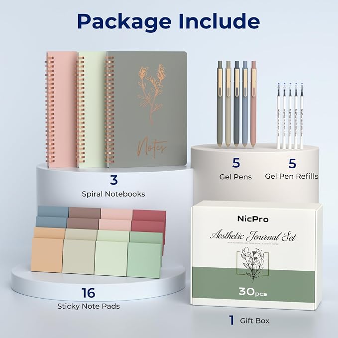 Nicpro Cute Spiral Notebook Stationary Set For Women, Bible Journal Set, 3PCS A5 Spiral Notebook, 5 Gel Pens, 5 Refills, 800 Sticky Notes, Gift Box, Aesthetic Gift Set for Study Office School Supplies