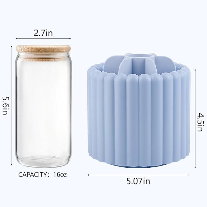 Rotating Makeup Brush Holder Organizer with Removable Dividers, Blue | 7 Slots Make Up Brush Organizer 360 Spinning Cosmetic Storage Pen Holder for Desk, Vanity, Dresser
