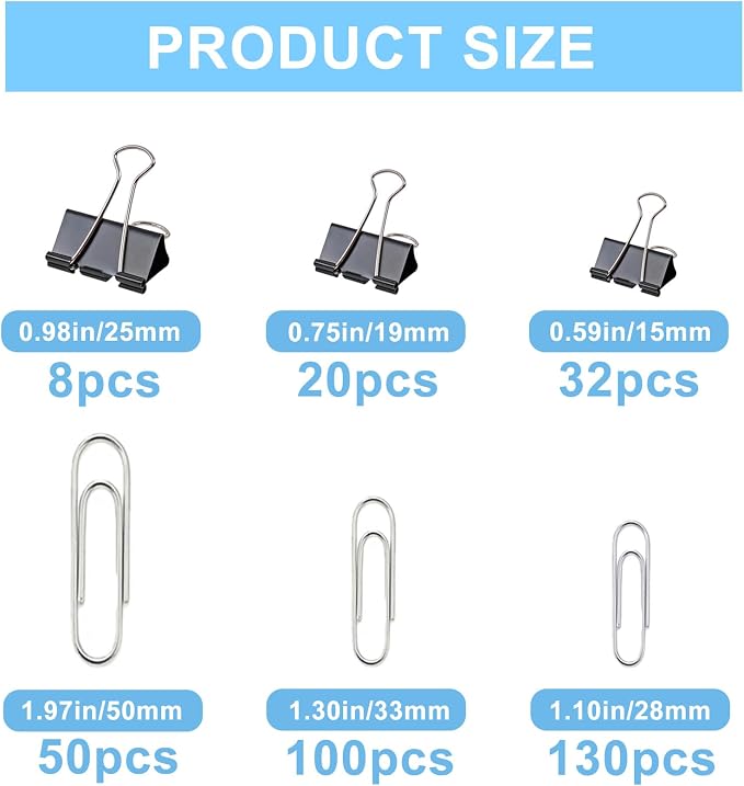 340Pcs Black Paper Clips and Binder Clips Assorted Sizes, Large Medium Small Binder Paper Clips Office Clips Office Supplies, Assorted Paper Clamps PaperClips for Home Office Supplies in a Container