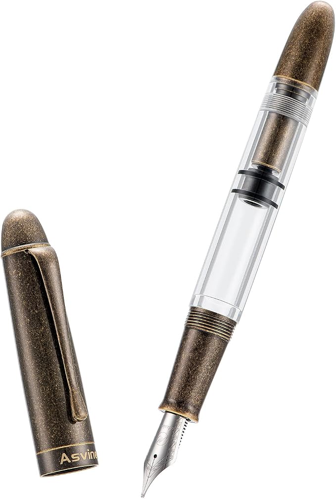 Asvine P30 Piston Fountain Pen Steel Fine Point, Retro Brass Style, Clear Demonstrator Acrylic Pen Large Ink Capacity Writing Gift Box