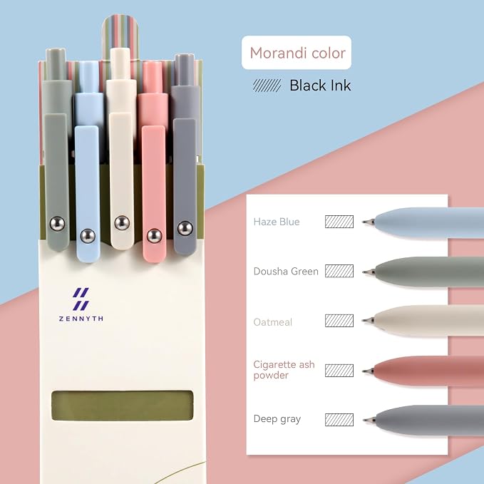 MengRan Morandi Gel Ink Pens Set, Black Ink, 5 Pack | 0.5mm Fine Point Tip, Quick Drying Ink, Idea for Journaling, Cute Fancy Pens for Women