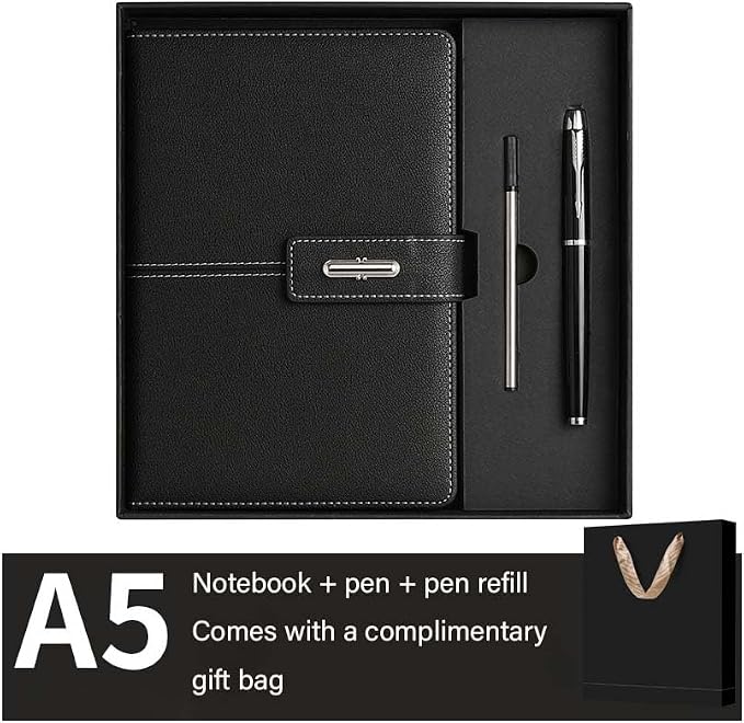 A5 Notebook Journal Leather Journal Hardcover With Pen Set for Work School Writing Business Notebook 200 pages + pen refill + gift box packaging(Black)