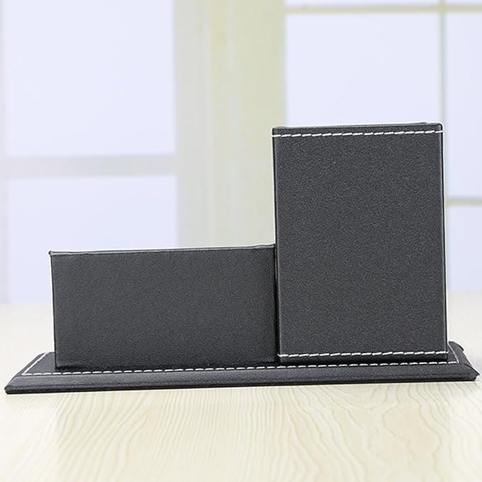 KINGFOM PU Leather Desk Organizer and Accessories, Pencil Holder for Desk with Business Cards Stand, School Office Supplies Collection Caddy Black