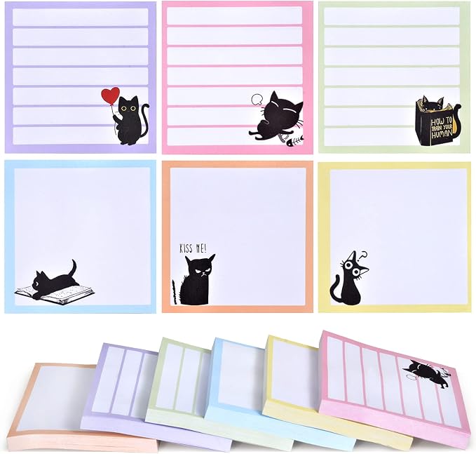 Sticky Notes 3x3 Cute Self-Stick Notes,6 Pack Funny Black Cat Notepad for Cat Lover Gift, Cute Cat Office Supplies, Easy Post Sticky Notes 480 Sheet Total