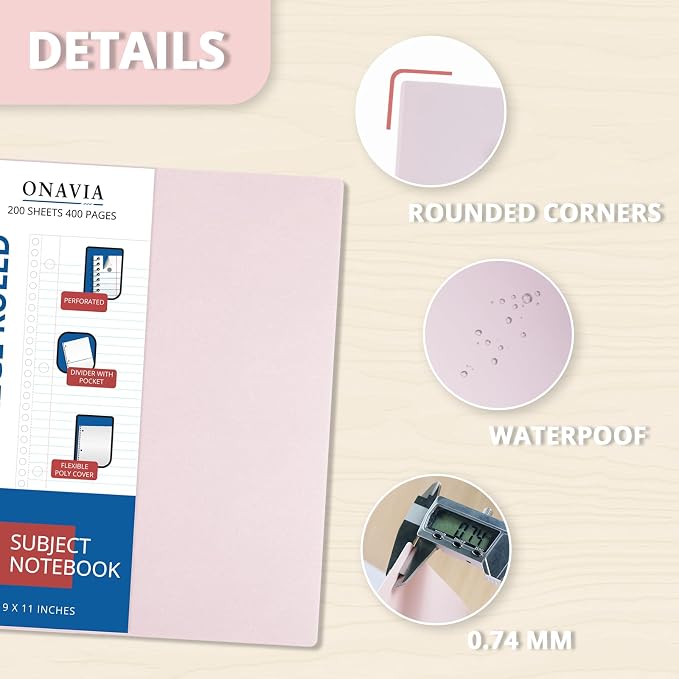 ONAVIA 5 Subject Spiral Notebook College Ruled, 400 Pages, Cornflower | 200 Sheets, 9 x 11 in, 6 Pack Waterproof Plastic Cover, Durable, School Notebooks, Classroom, Teachers