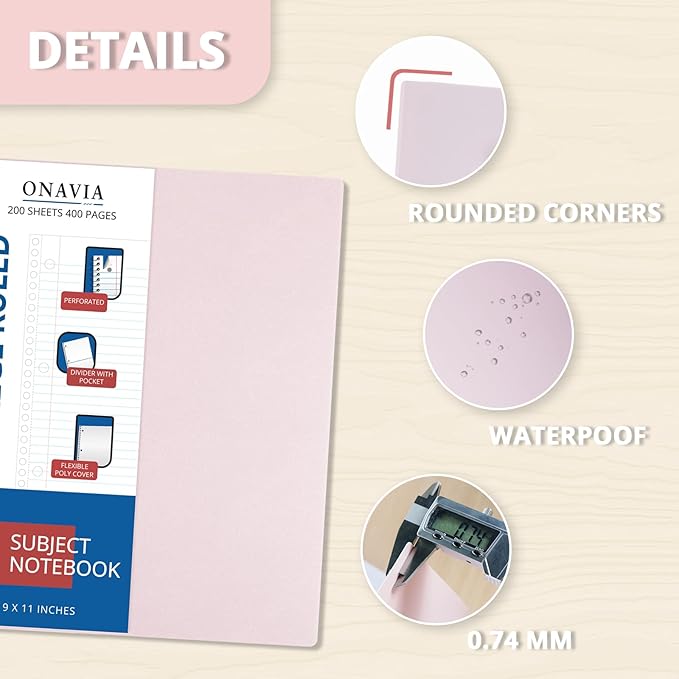 ONAVIA 5 Subject Spiral Notebook College Ruled 6 Pack, 400 Pages, Assorted | 200 Sheets, 9 x 11 in, 6 Pack Waterproof Plastic Cover, Durable, School Notebooks, Classroom, Teachers