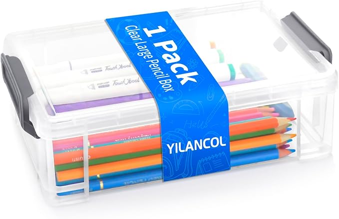 Extra Large Clear Pencil Box for Crayons, Markers, Art Supplies, Plastic Hard Pencil Case with Secure Lid, Stackable Hard Storage Organizer Box for Classroom & Office,Large Size(Grey)