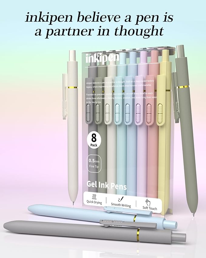 inkipen Colorful Fidget Pens, 8 Pcs 0.5mm Fine Point Retractable Smooth Writing Pen, Quick Drying Colored Ink Pens for Journaling School Office Supplies, Morandi Colors