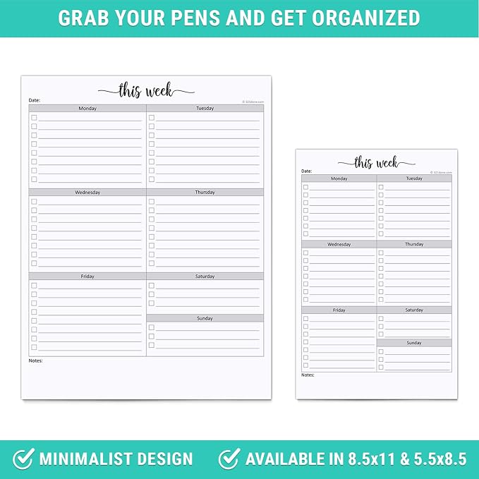 321Done Weekly Checklist Notepad, 8.5x11 Large Letter-Size Pad - 50 Tear-Off Sheets, Undated Monday-Sunday Schedule, Daily Task Planner for Home, Office & Student Use - Made in USA