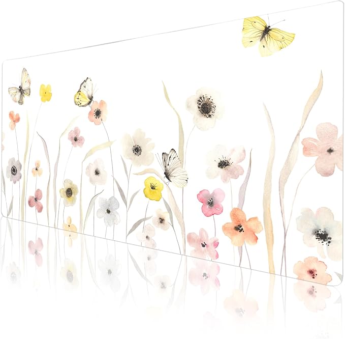 Colorful Star Large Mouse Pad, Watercolor Floral Desk Mat Office Supplies, Waterproof PU Leather Gaming Mousepad for Women Girls, Butterflies Desk Pad Home Office Décor Accessories 31.5" x 15.7"