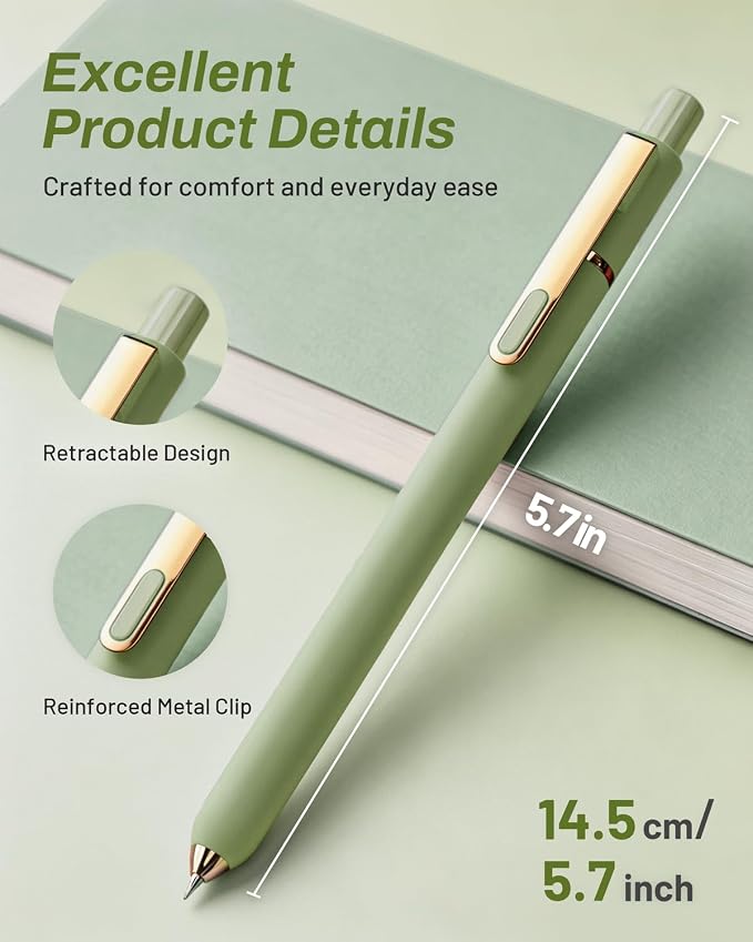 SUNEE Gel Pens, 6 Pack 0.5mm Pens Fine Point Smooth Writing Pens with Quick-Dry Black Ink, Cute Aesthetic School Office Note-Taking Pens for Journaling - Green