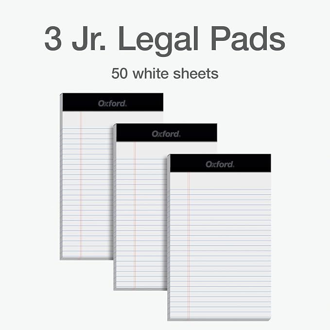 Oxford 5 x 8 Inch Legal Pads, 3 Pack, Narrow Ruled on Both Sides, White Lined Paper, 50 Perforated Sheets Per Writing Pad, Proudly Made in the USA (1017034)