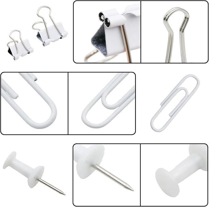 Office Supplies Set, Paper Clips, Push Pins and Binder Clips Set with Box for Office, School and Home(White)
