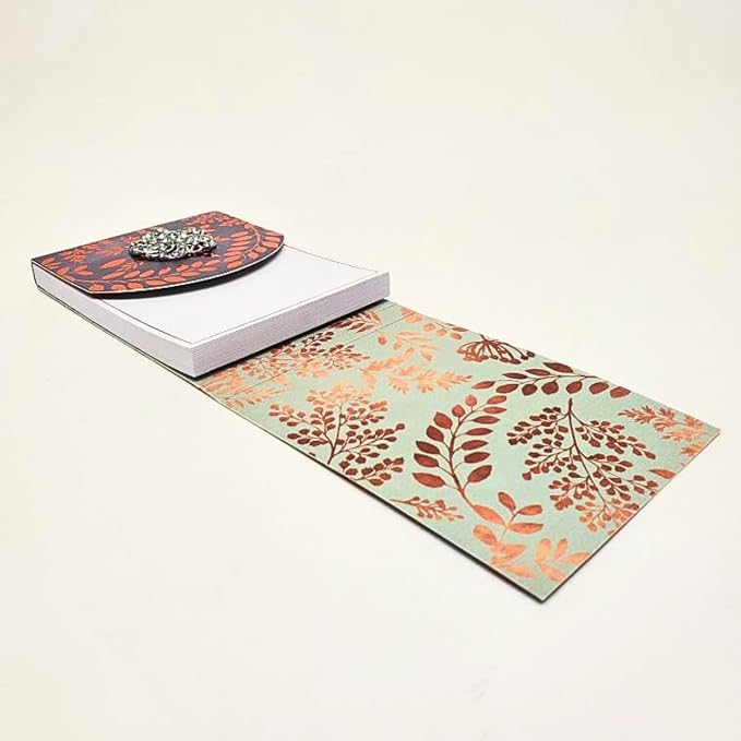 Punch Studio Flip-Top Notepad For Daily Notes or Notes on-the-go, with Magnetic Closure, Brooch Embellishment, Gold-Foil Accents & 75 Illustrated Sheets, 5" x 3.75" - Copper Leaves (43833)