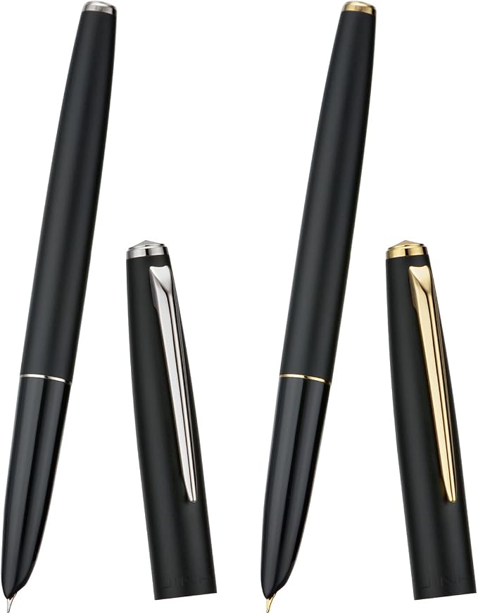 2PCS Jinhao 911 Fountain Pen Extra Fine Nib, Matte Black with Gold & Silver Trim, Lightweight and Durable, Includes Ink Cartridges & Converters, Smooth Writing Pen