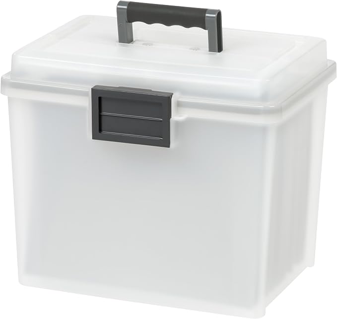 IRIS USA WeatherPro Portable File Box Organizer, 19 Qt. Pearl | Store and transport letter size files, documents and records with weather resistant protection and secure latching