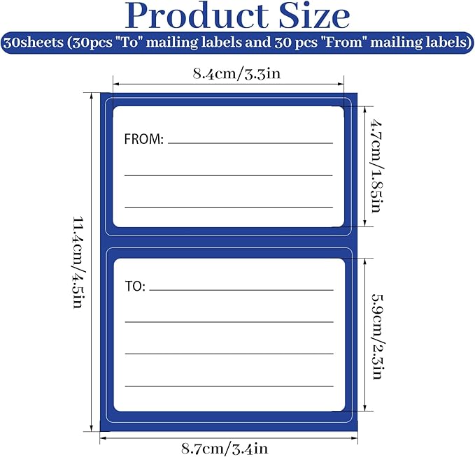Mailing Labels for Packages 60 Pcs to from Return Address Labels for Envelopes 4.5x3.5Inch Blank Self Adhesive Shipping Label Handwriting to/from Mail Label Stickers Address Tags