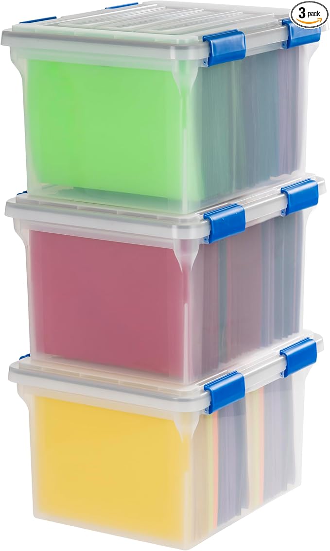 IRIS USA WeatherPro File Box Organizer, Letter/Legal, 32 Qt. 3-Pack, Clear | Store letter and legal documents safely with weather-resistant protection and space-saving stackable storage