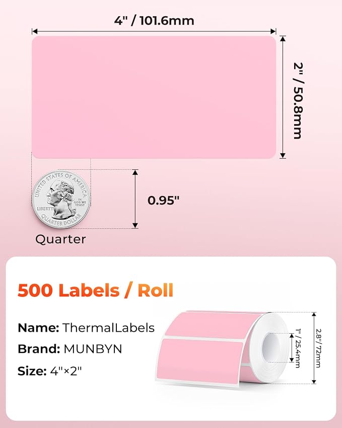 MUNBYN 4x2 Thermal Labels, 500 Sheets/1 Roll, Pink | Strong Adhesive & Perforated, Non BPA&BPS for Small Business, Barcode, Bakery, Inventory, Price Tag