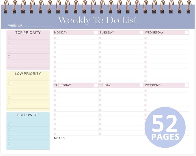 Weekly To Do List Notepad, 52 Sheets, Undated Weekly Planner, Letter Size | 8.5"x11", 100GSM, Thick Paper, Twin-Wire Spiral Bound, Tear Off Desk Pad, For Women & Man, Home School & Office Work