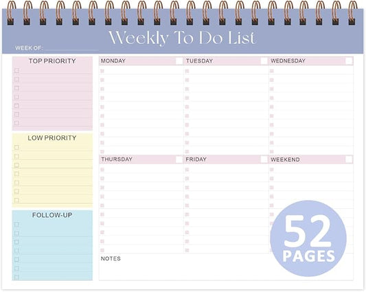 Weekly To Do List Notepad, 52 Sheets, Undated Weekly Planner, Letter Size | 8.5"x11", 100GSM, Thick Paper, Twin-Wire Spiral Bound, Tear Off Desk Pad, For Women & Man, Home School & Office Work
