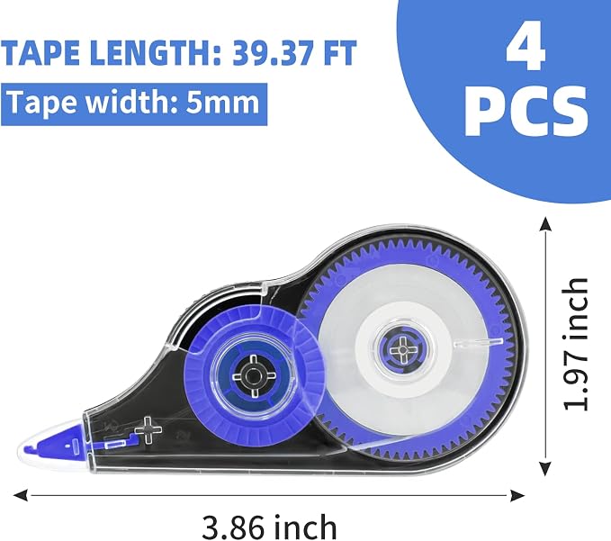4 Pcs Colorful Correction Tape, Easy To Use Applicator for Instant Corrections, Smooth White Wrong Out Tear-Resistant Bulk for School, Office, Note Taking (Tape Width 0.2 in, Clear)
