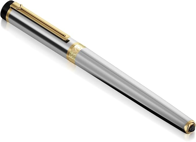 Dryden Designs Fountain Pen - Medium Nib and Fine Nib | Includes Luxury Box, 6 Ink Cartridges - 3 Black 3 Blue and Ink Refill Converter - Metallic Silver
