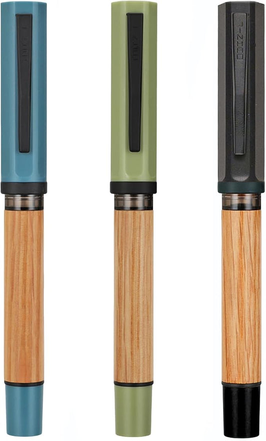 Jinhao 58 Natural Oak Wood Fountain Pen Set, 3-Pack (Blue/Green/Ebony) | Value 3-pack curated wood pens with protective felt pouch & ink converters. Perfect elegant gift for office & journaling.