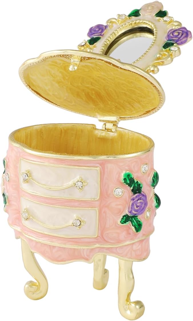 QIFU Hand Painted Pink Dressing Table Style Enamel Trinket Box Hinged, Elegant Small Jewelry Box
