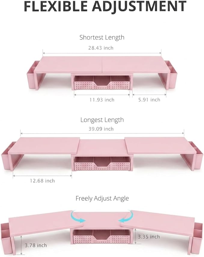 OPNICE Desk Organizers and Accessories, Dual Monitor Stand Riser with Drawer and 2 Pen Holders, Desk Shelf Wood Computer Racks for Office Workspace Organizers, Desktop Organization (Pink Wood)