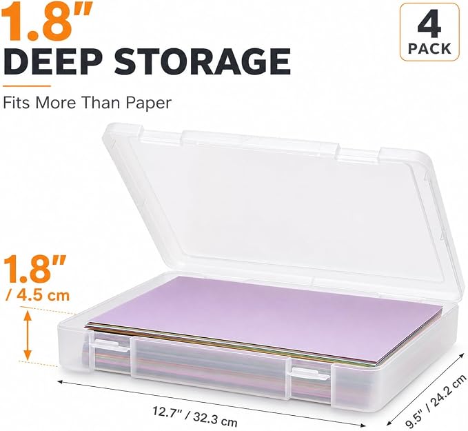 CraftGenes 4 Pack Scrapbook Paper Storage Boxes for Letter and A4 Paper | 1.8 in deep stackable cases fit 8.5 x 11 and A4 paper, with secure snap latches, translucent bodies and labels included