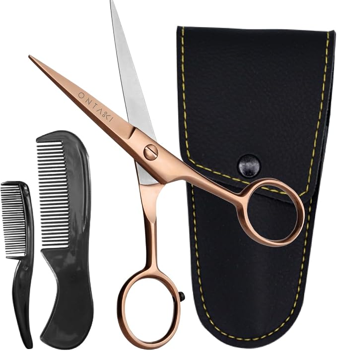 Ontaki 5" Beard & Mustache Scissor with Combs for Men - Rose Gold | 410C Durable German Steel, Ergonomic Travel Friendly Design for Facial Hair - Beard Grooming Kit & Case Perfect for Styling