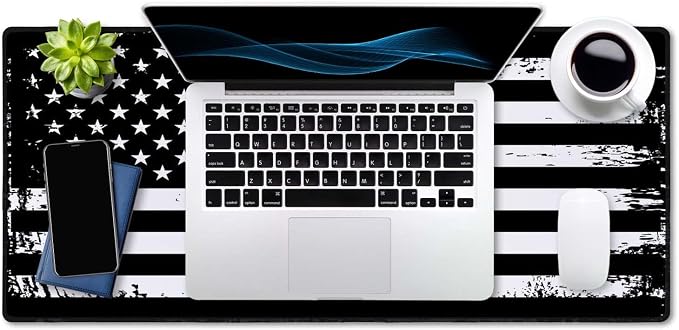 SSOIU Desk Mat, Extended Gaming Mouse Pad (35.5x15.7 in), Large Non-Slip Rubber Base Mousepad with Stitched Edges, Waterproof Keyboard Mouse Mat Desk Pad - Grunge American Flag USA Flag Black White