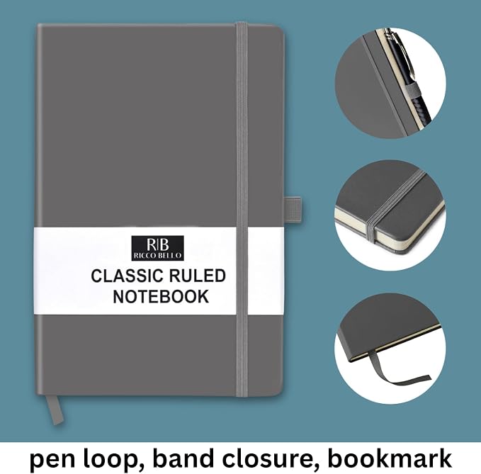 RICCO BELLO Lined Journal Notebook, Grey, 5.7 x 8.4-Inches | Faux Leather Hardcover, Pen Holder, College Ruled, 96 Sheets / 192 Pages, For Work & Notes