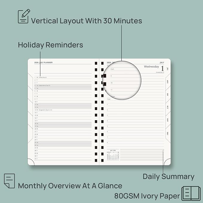 POPRUN 2026-2027 Daily Planner One Page Per Day, 5.75" x 8.5", Academic Daily Calendar Book with July 2026 to June 2027, Hardcover Appointment Book with Hourly Time Slots, Spiral Bound, Monthly Tabs - Light Yellow