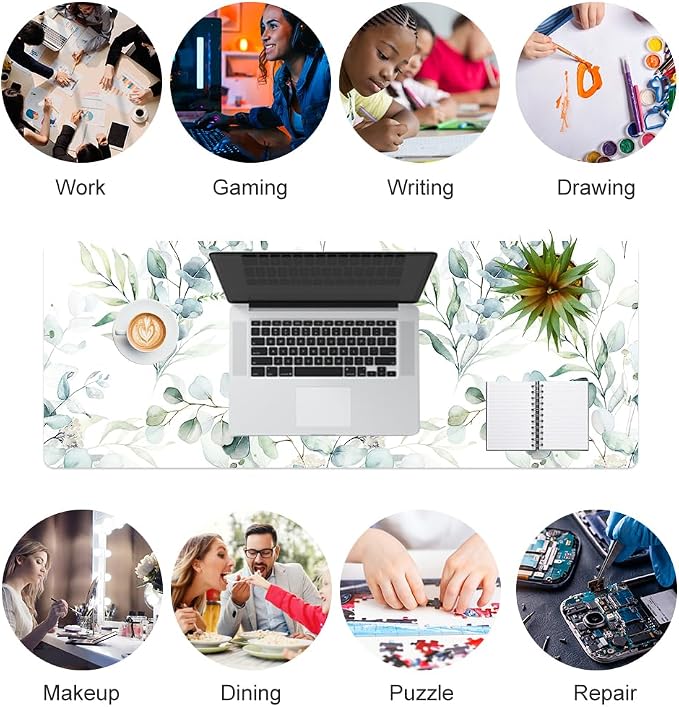 QiyI Large Mouse Pad, Cute Green Leaves Desk Mat for Desktop, Women Girls Office Décor Desk Accessories, PU Leather Waterproof Gaming Mousepad, Eucalyptus Leaf Desk Pad Computer Mat, 31.5" x 11.8"