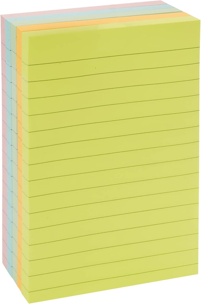 Amazon Basics Lined Sticky Notes, 4x6" Self-Stick Pads with Clean Removal Adhesive for To Do List, Home, Office, Notebook, Assorted Colors, 100 Sheets/Pad, Pack of 5