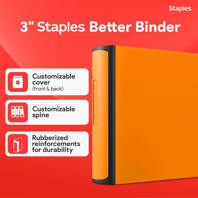 Staples 3" D‑Ring Heavy‑Duty View Binder, Orange, Durable 3‑Ring Binder with Reinforced Construction, Holds Up to 600 Sheets for School & Office