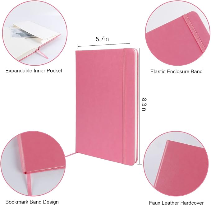 Journal notebook (A5-Lined, Pink Color),192 Pages, Medium 5.7X8.3 inches - 80 gsm Thick Paper, Hardcover