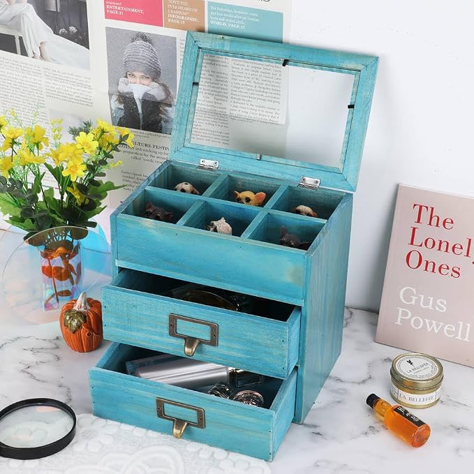 Small Wooden Drawers Wooden Box with Drawer Blue | 2 Drawer Storage Box for Apothecary Cabinet, Apothecary Drawers，Desktop Organizer with Metal Handles for Office，Home