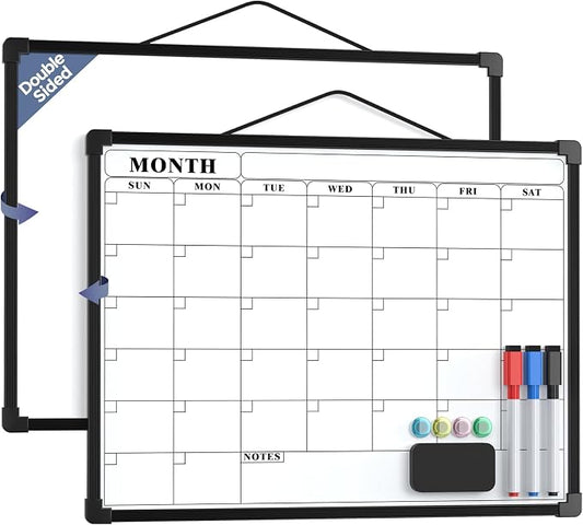 MaxGear Monthly Calendar Dry Erase Board for Wall, 16"x12", Black Frame | Double-Sided, Hanging Small White Board, Portable Whiteboard for Planning, Drawing, Memo, to Do List, Home, Kitchen, Office