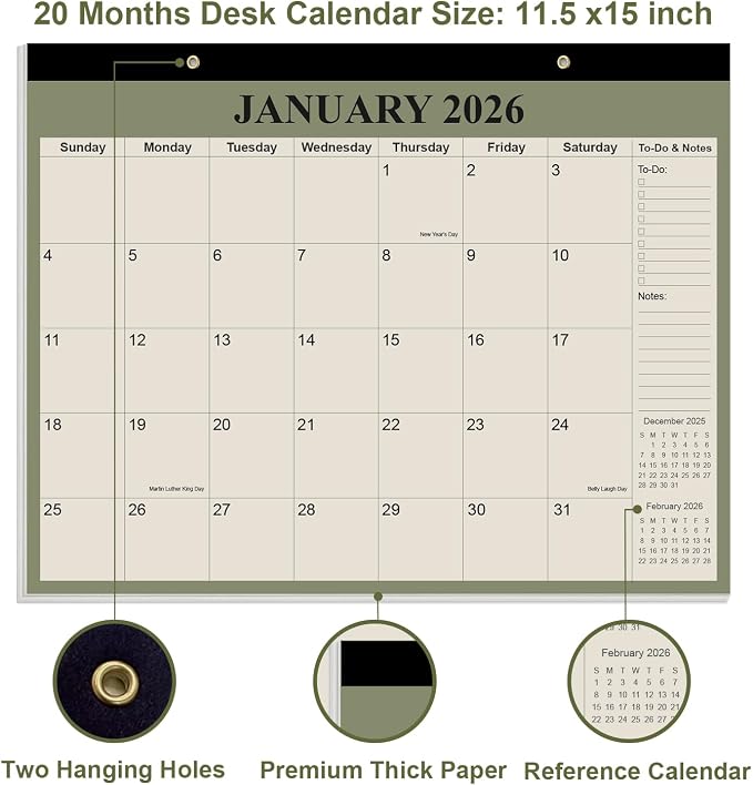 Desk Calendar 2026-2027 - Calendar 2026-2027 from July 2026 to June 2027, 18 Months Calendar with Thick Paper for Office, Home, School Organizing, 14" X 11", Cyan