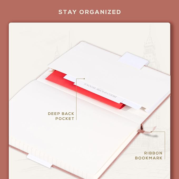 BEECHMORE BOOKS Premium Lined Leather Journal for Men & Women, 5" x 8" (A5) Thick 120gsm Ivory Cream Paper Notebook, Hardcover Vegan Leather Personal Diary, With Gift Box (Rose Wood)