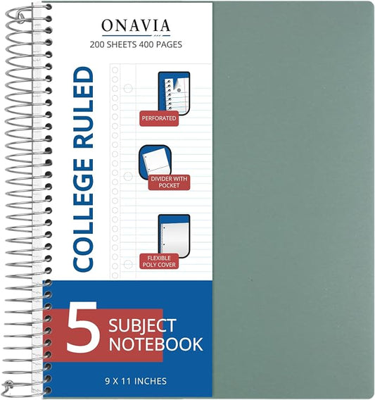 ONAVIA 5 Subject Spiral Notebook College Ruled, 400 Pages, Green | 200 Sheets, 9 x 11 in, 6 Pack Waterproof Plastic Cover, Durable, School Notebooks, Classroom, Teachers