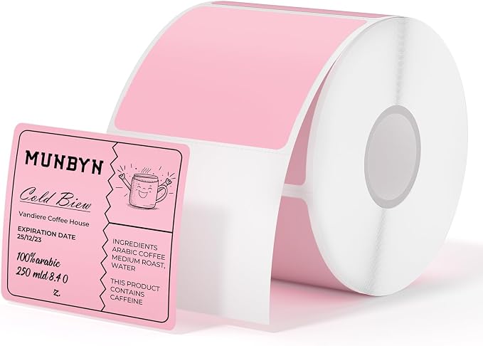 MUNBYN 2x2 Thermal Labels, 750 Sheets/Roll, Pink | Strong Adhesive & Perforated, Non BPA&BPS for Small Business, Barcode, Bakery, Shipping