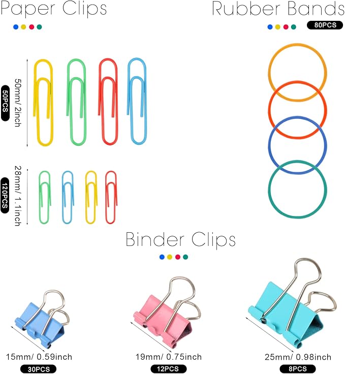 300 Pcs Binder Clips, Rubber Bands, Office Set, Paper Clips, School & Teacher Supplies for Office Desk Essentials (Assorted Sizes)