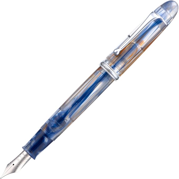 Asvine V800 Fountain Pen -Vacuum Filling System with Large Ink Capacity - Number 8 Stub Nib 1.1mm Calligraphy Art Drawing with Wrench Gift Set - Blue Brown