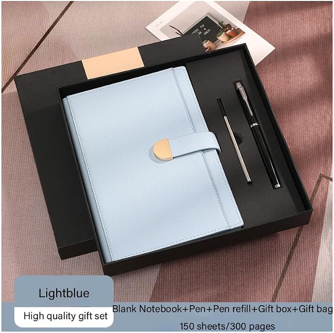 A5 Notebook Journal Leather Journal Hardcover With Pen Set for Work School Writing Business Notebook 300 pages + pen refill + gift box packaging(Lightblue)